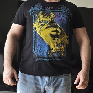 Versace Jeans Black Tee with Gold and Blue Graphic